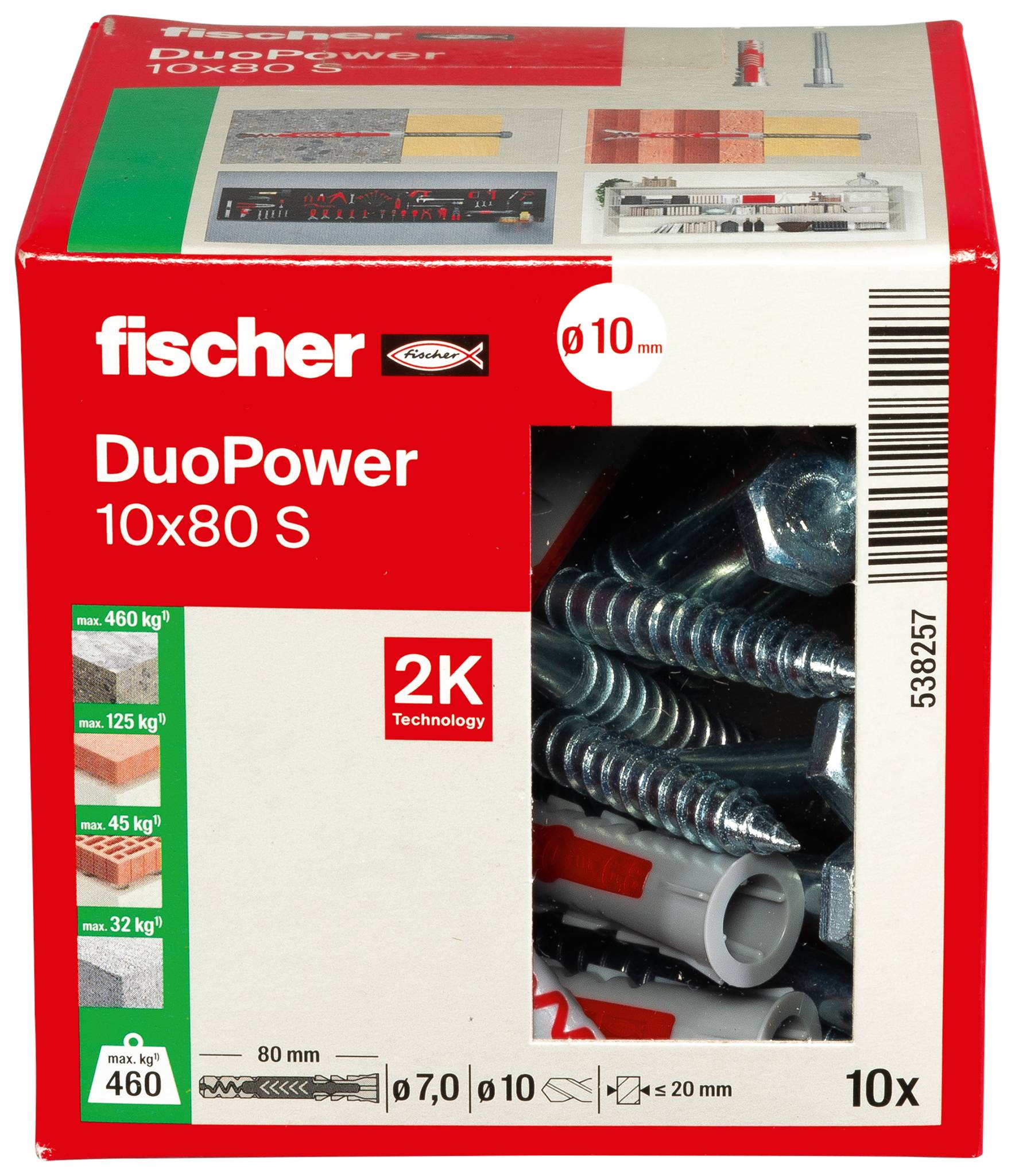 Boîte de chevilles murales Red Fischer DuoPower 10x80 S montrant les vis et la cheville, étiquetée 10 mm, 10x, et technologie 2K.