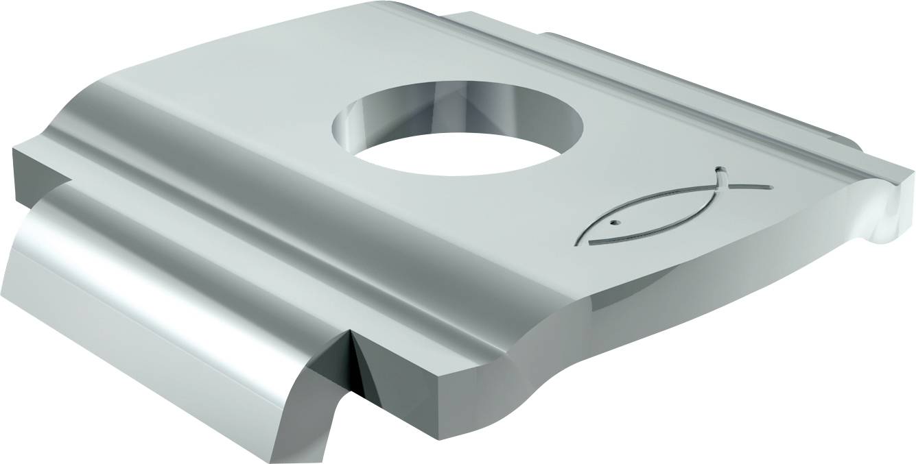 Pièce de machine métallique avec un grand trou circulaire et un logo en forme de poisson gravé sur la surface supérieure, présenté sur un fond blanc.