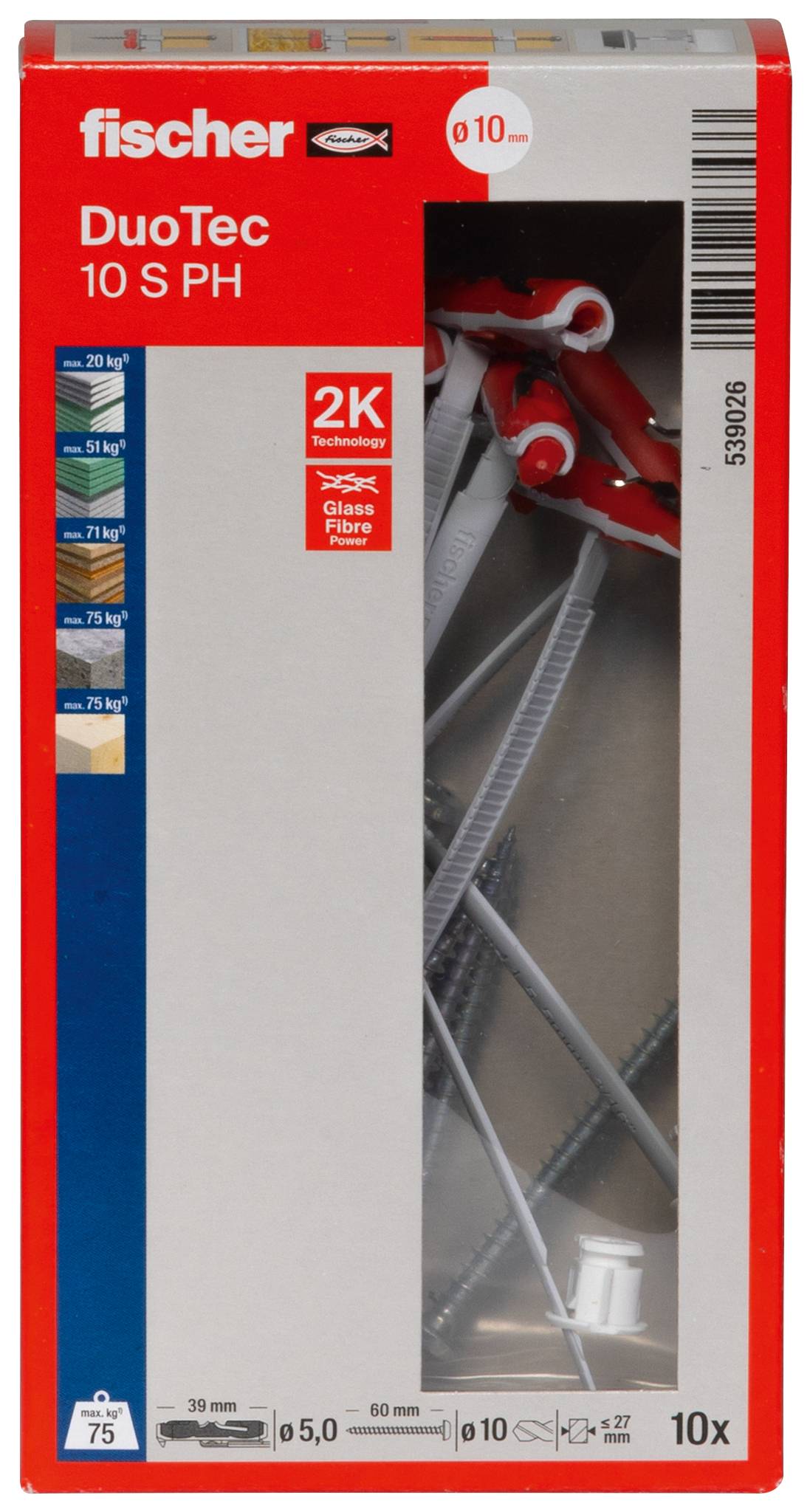 Paquet de chevilles murales Fischer DuoTec 10 S PH, affichant des chevilles et des vis rouge et gris à travers une fenêtre transparente, étiquetées « 10x » et « Ø10 ».