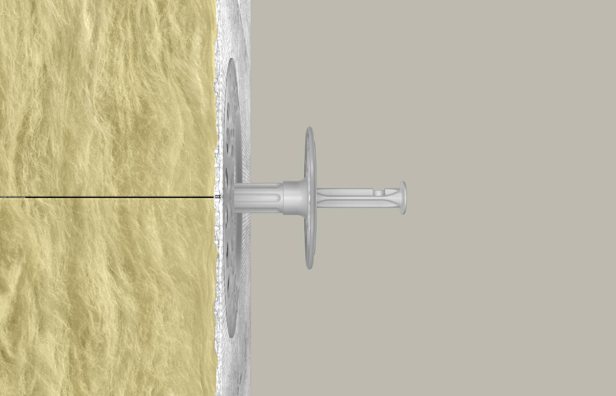 Illustration en coupe transversale d'une ancre murale : une vis insérée à travers l'isolant dans une surface fixe, montrant comment elle fixe les matériaux au mur.
