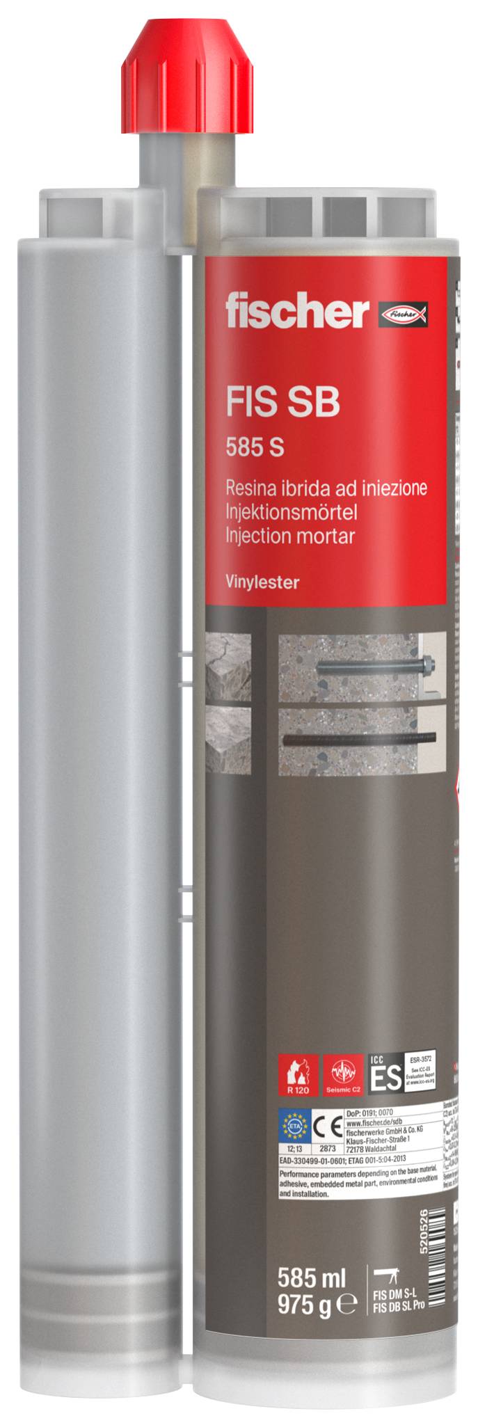 Cartouche de mortier d'injection FIS SB 585 S Fischer rouge et argent avec capuchon rouge, présentée avec buse de mélange attachée.