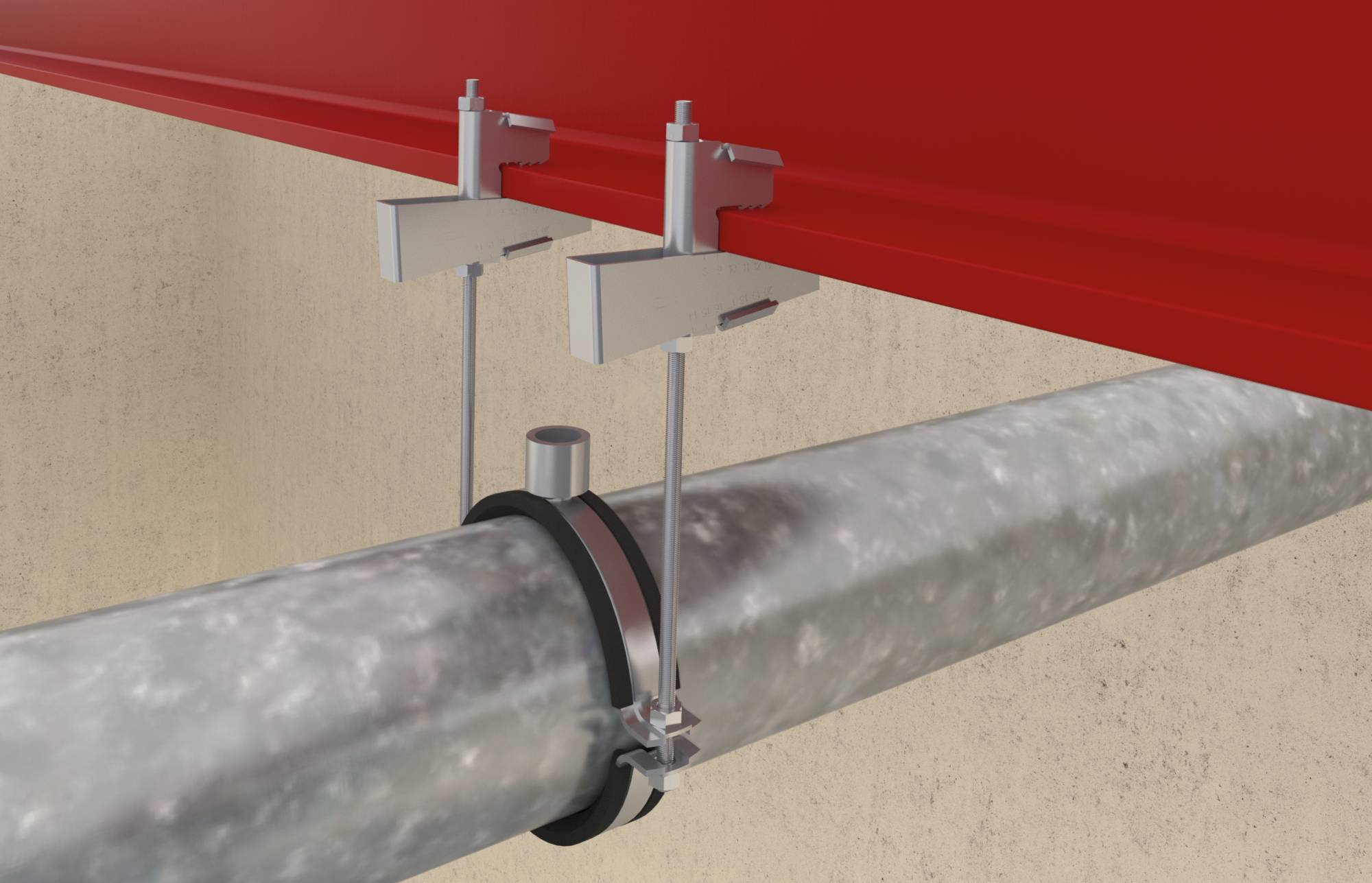 Les colliers de suspension de tuyauterie fixent un tuyau métallique horizontal au plafond avec des tiges filetées et des supports.