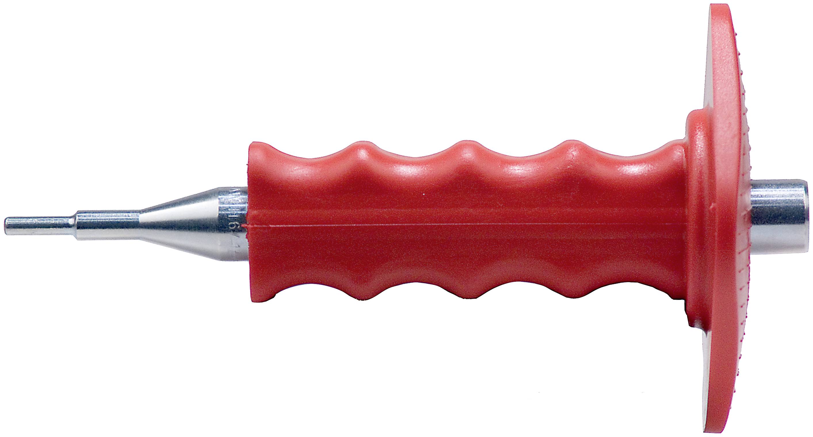 Outil à main en plastique rouge avec une pointe métallique pointue et un large protecteur circulaire, présenté isolé sur un fond blanc.