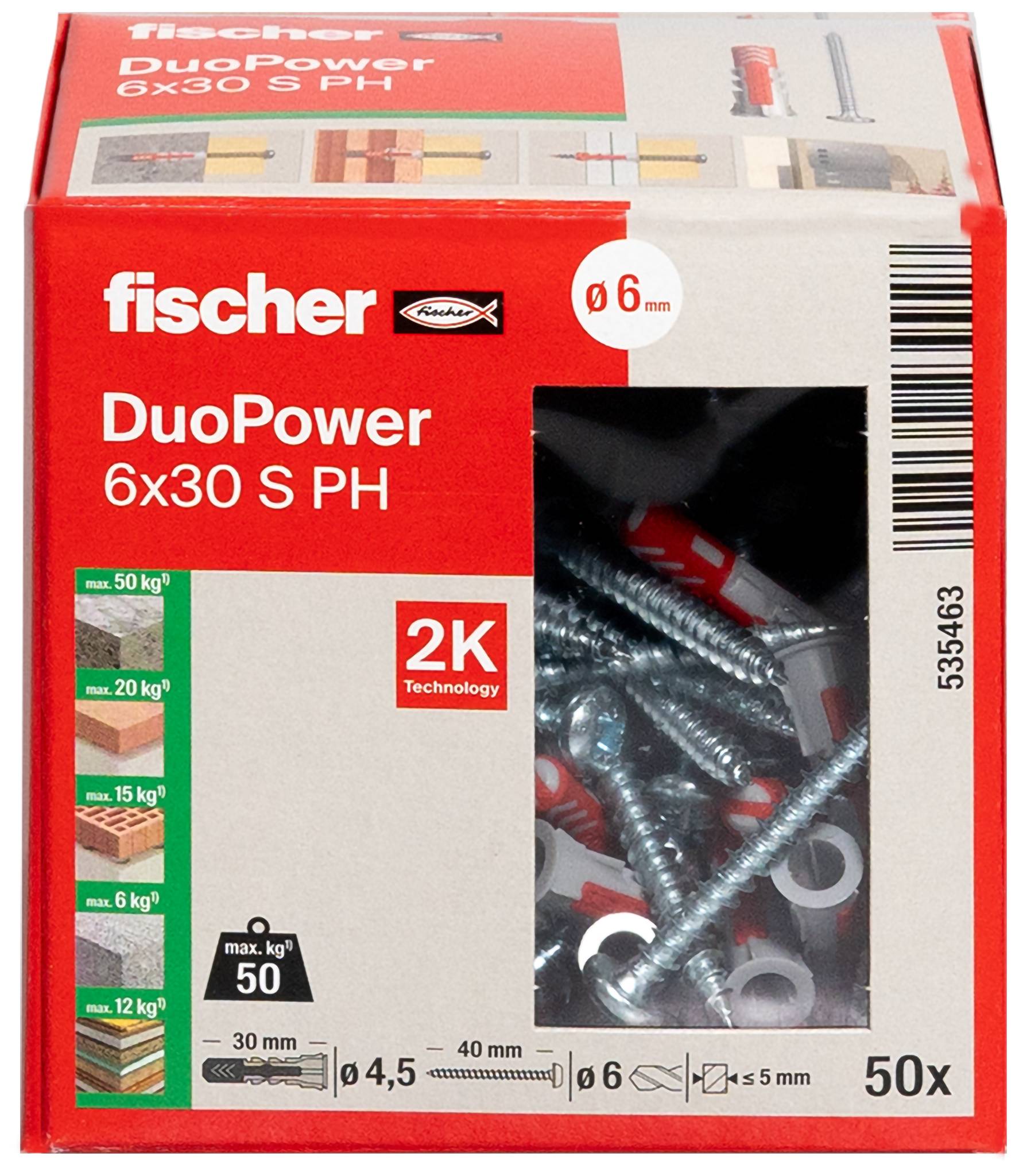 Emballage de chevilles murales Fischer DuoPower 6x30 S PH et vis, affichant la « technologie 2K », ensemble de 50 pièces, pour trous de 6 mm et charge jusqu'à 50 kg.