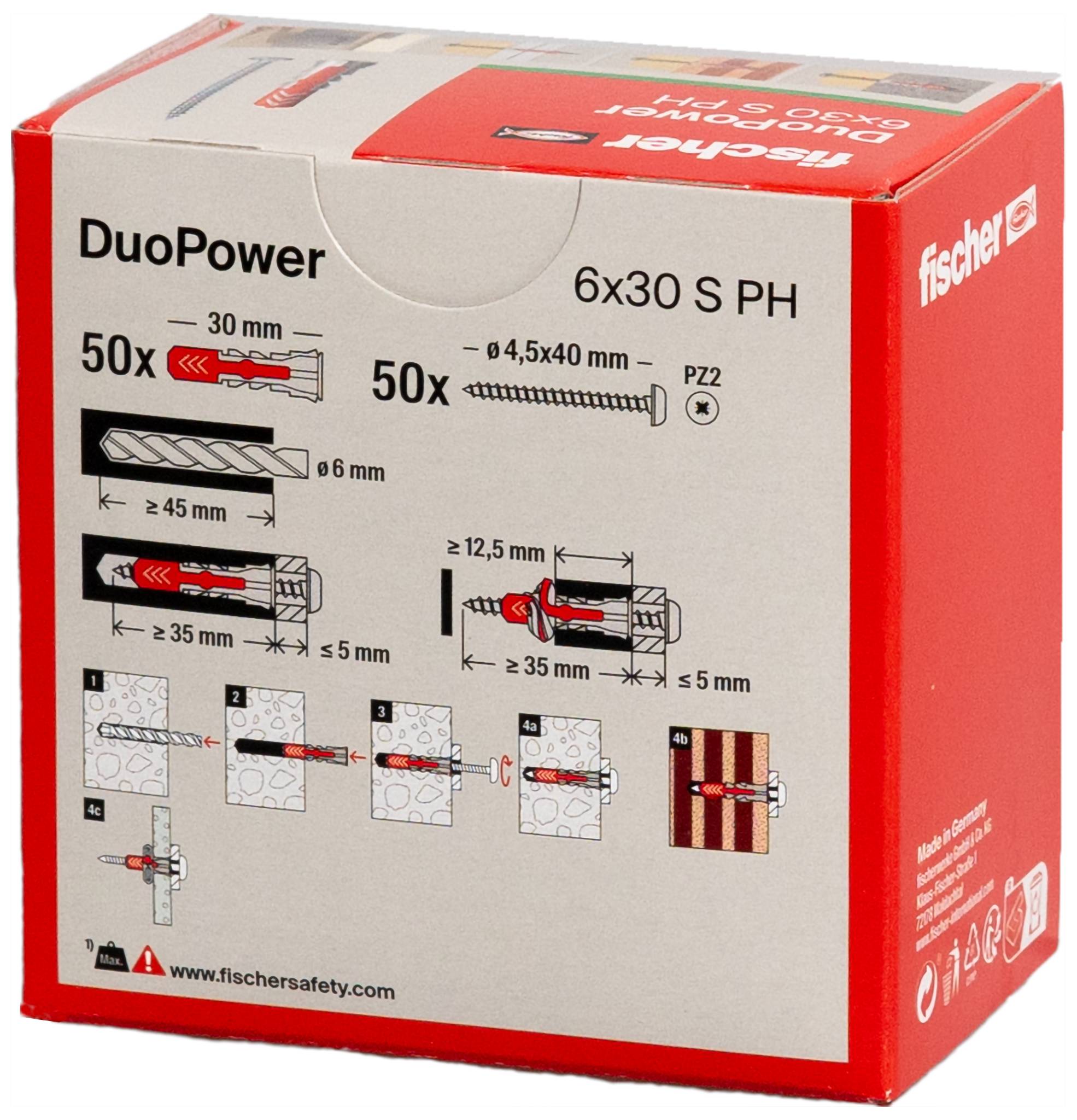 Boîte de prise murale Red Fischer DuoPower affichant la taille du produit 6x30 S PH et les diagrammes d'installation pour l'utilisation des vis et de la maçonnerie.