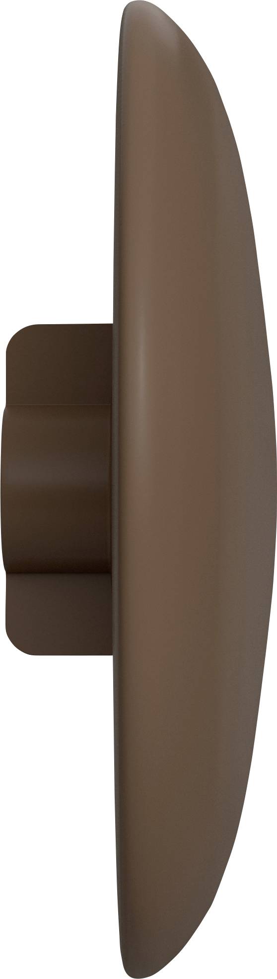 Vue de côté d'un bouton-poussoir ou d'un bouton de commande rond brun avec une face circulaire proéminente et une base rectangulaire.