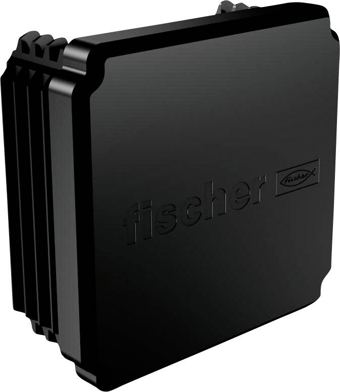 Boîtier de jonction ou coffret électrique Fischer noir avec logo en relief, présenté dans une vue de produit 3D sur fond blanc.