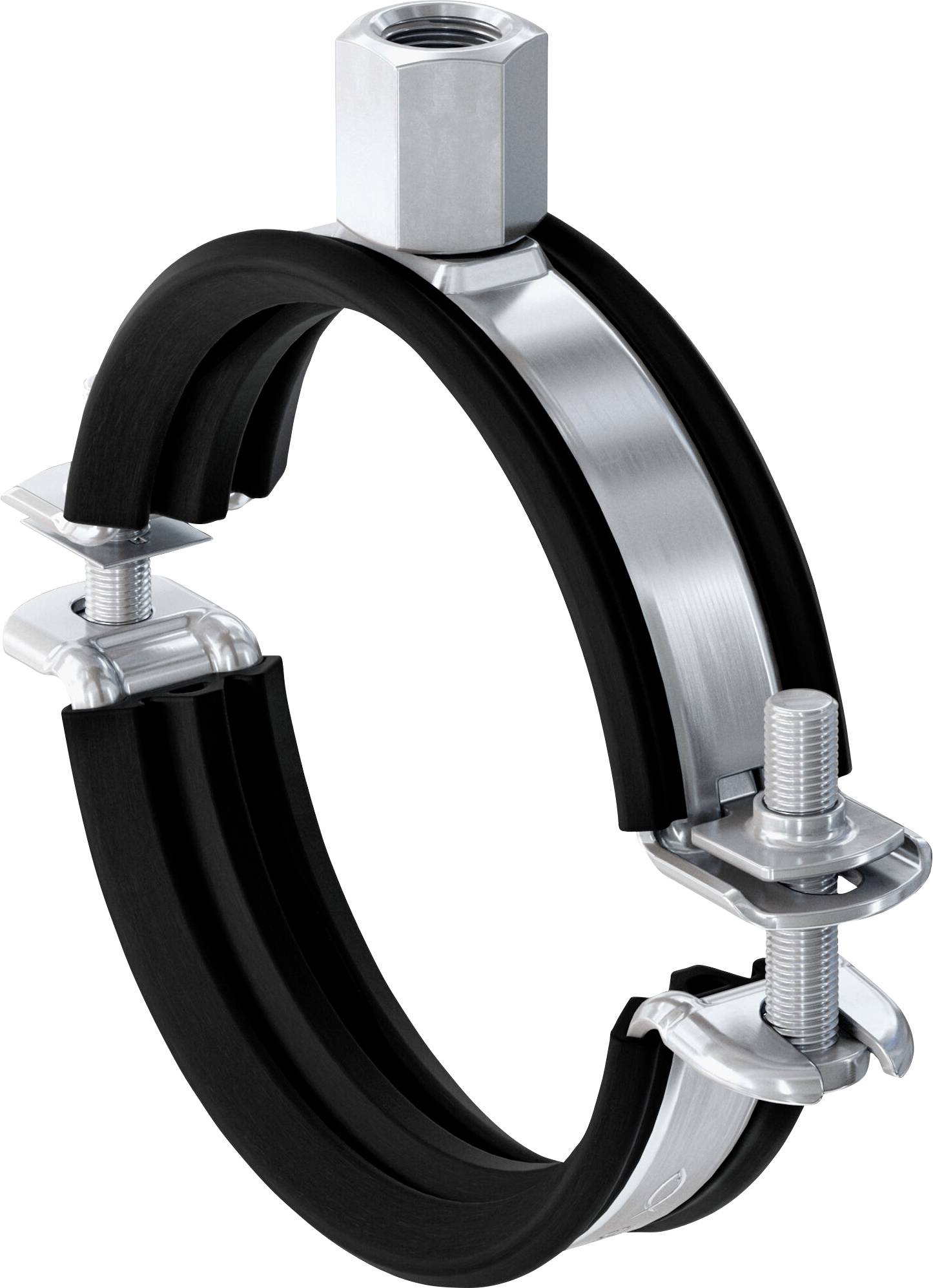 Un serre-tube avec un revêtement en caoutchouc noir et des fixations métalliques.