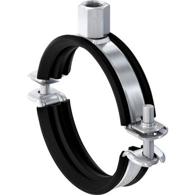Collier de tuyau métallique doublé de caoutchouc noir et équipé de deux boulons de serrage filetés, présenté isolé sur un fond blanc.
