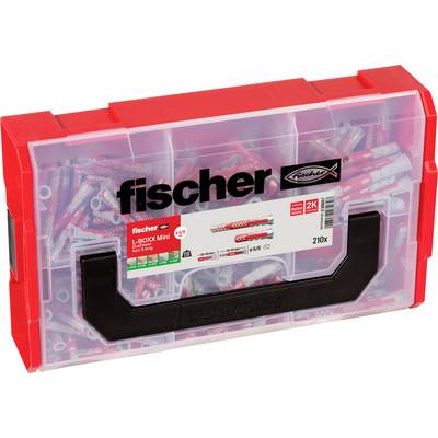 Étui de rangement Red Fischer fischer Boxx Mini avec couvercle transparent, affichant des fiches murales assorties et des vis à l'intérieur et une poignée noire.