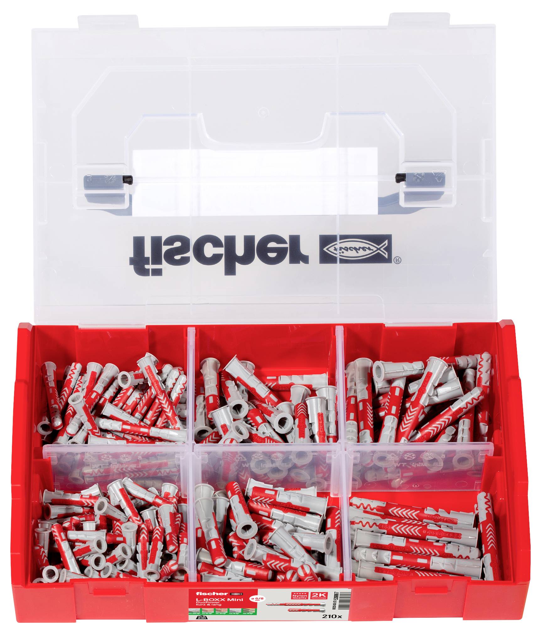 Boîte de rangement rouge avec des chevilles grises dans différents compartiments. Logo 'fischer' visible sur le couvercle. Ces chevilles conviennent à différents types de fixations.