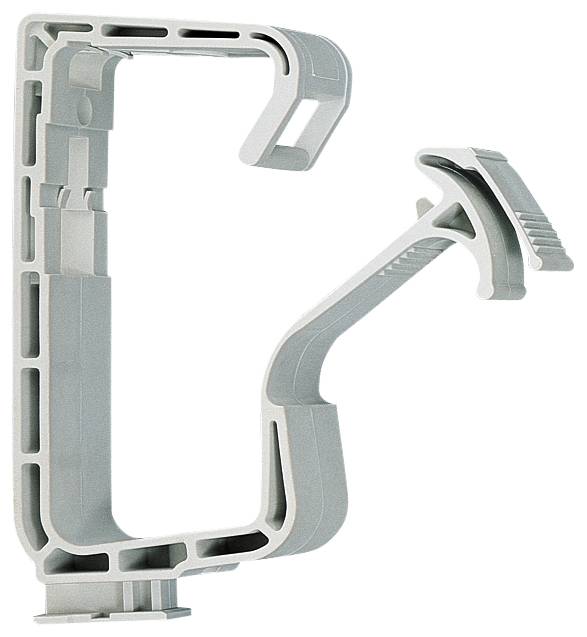 Serre-clamp en plastique gris montré ouvert, avec un bras fixe et un mécanisme de préhension à poignée nervurée relevée.