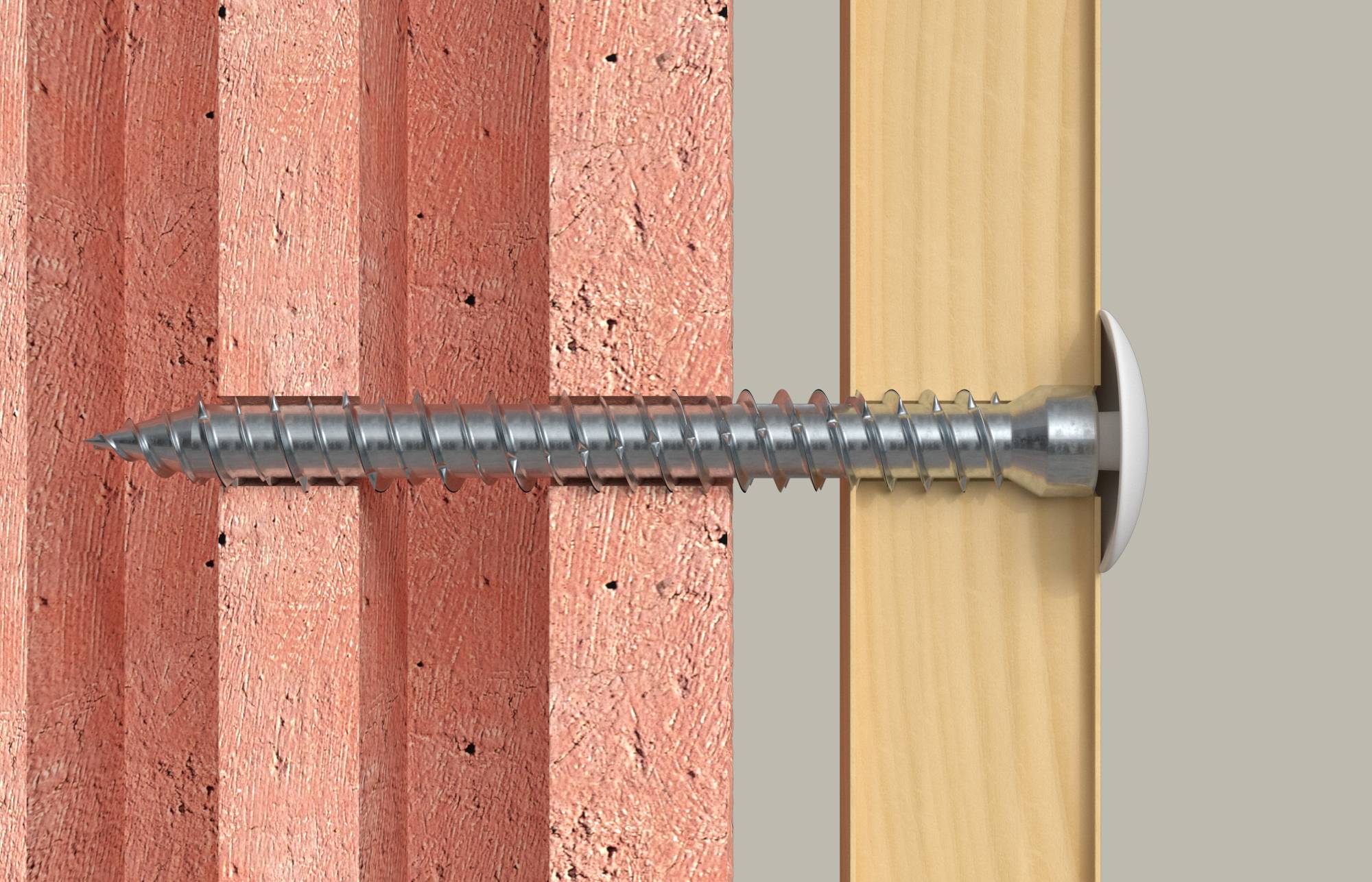 Vis métallique fixant une planche en bois à un mur en briques, présentée en coupe transversale avec la vis traversant le bois et s'enfonçant dans la maçonnerie.