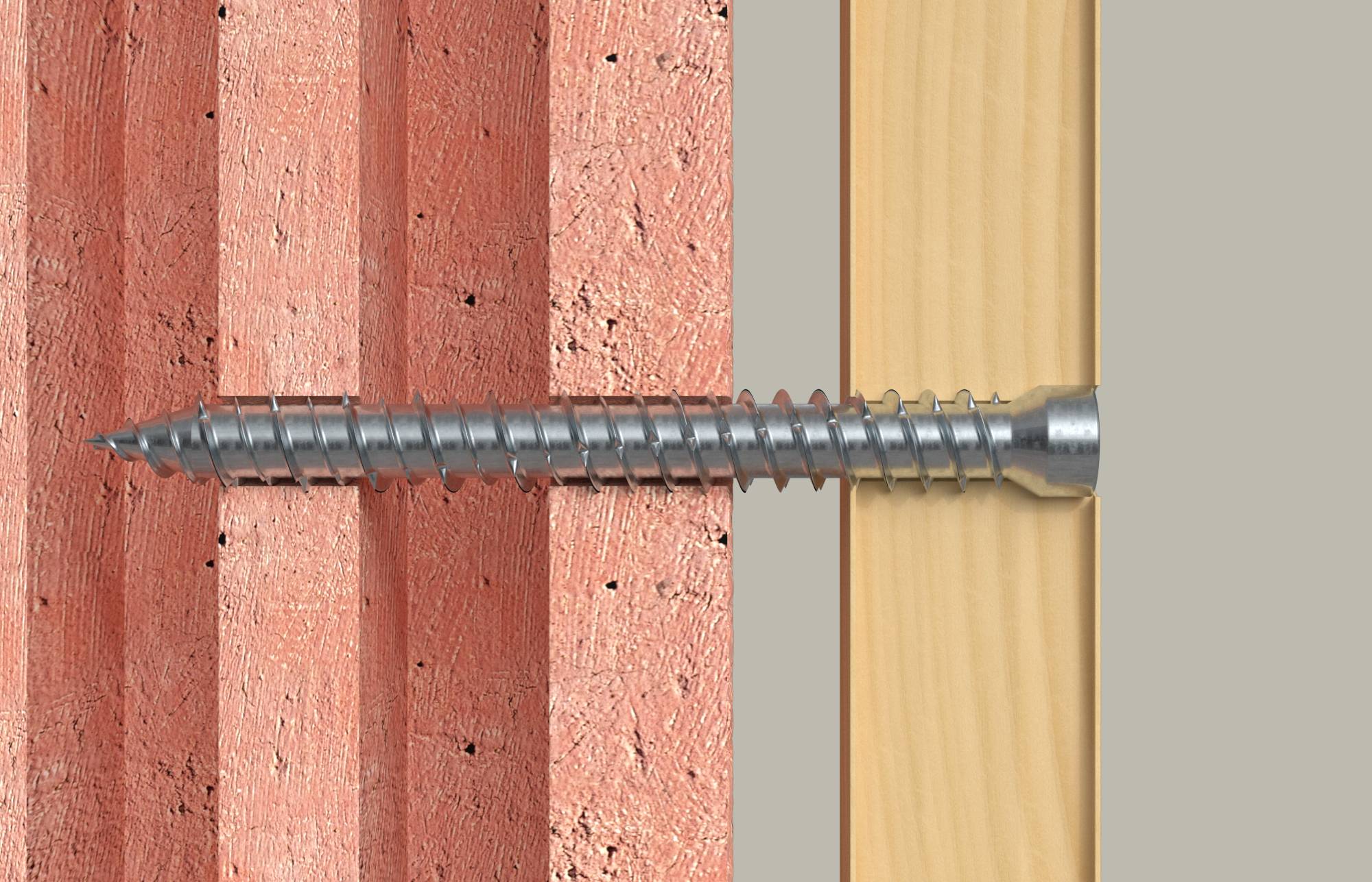 Vis pour fixer une planche en bois à un mur de briques, montrant comment la fixation ancre les matériaux ensemble