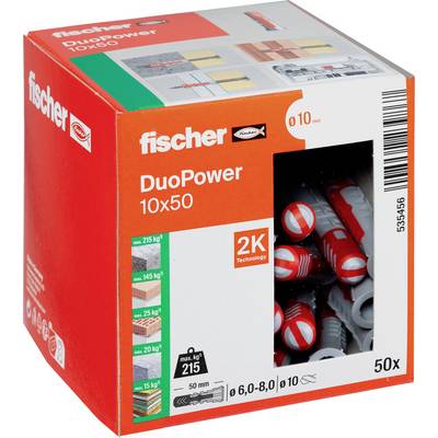 Boîte de chevilles Fischer DuoPower 10x50, présentant un emballage de 50 pièces avec la technologie 2K et un foret de 10 mm requis.