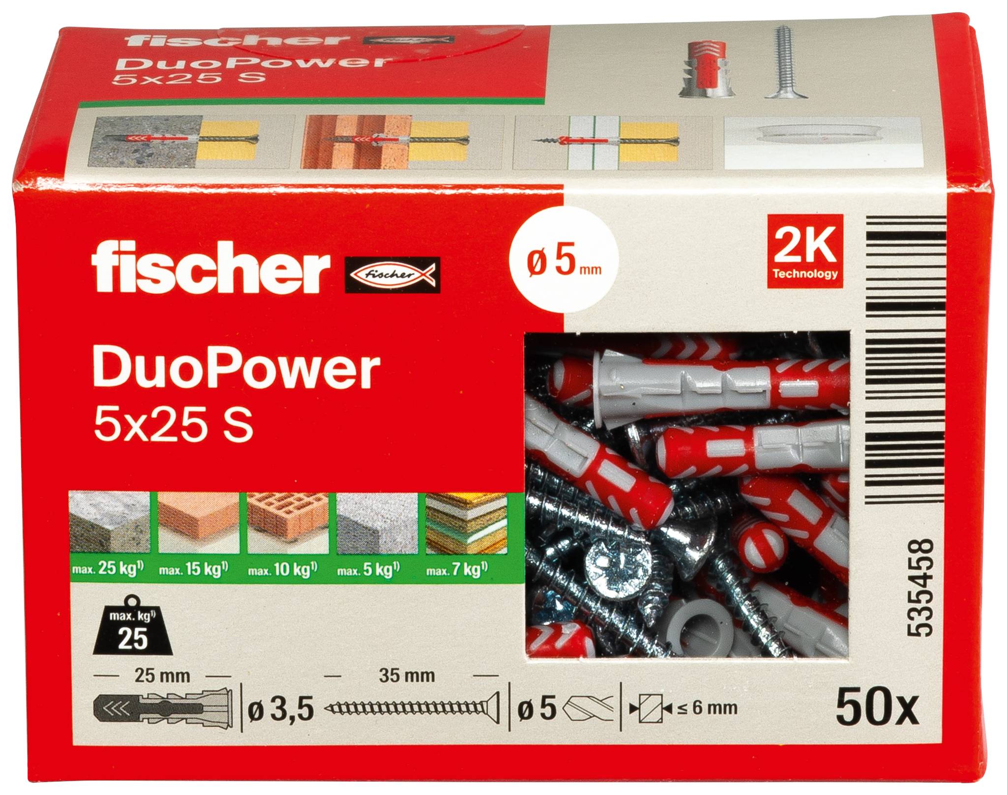 Paquet de chevilles murales Fischer DuoPower 5x25 S, montrant des chevilles rouges et grises à travers une fenêtre transparente, étiqueté 50x et Technologie 2K.