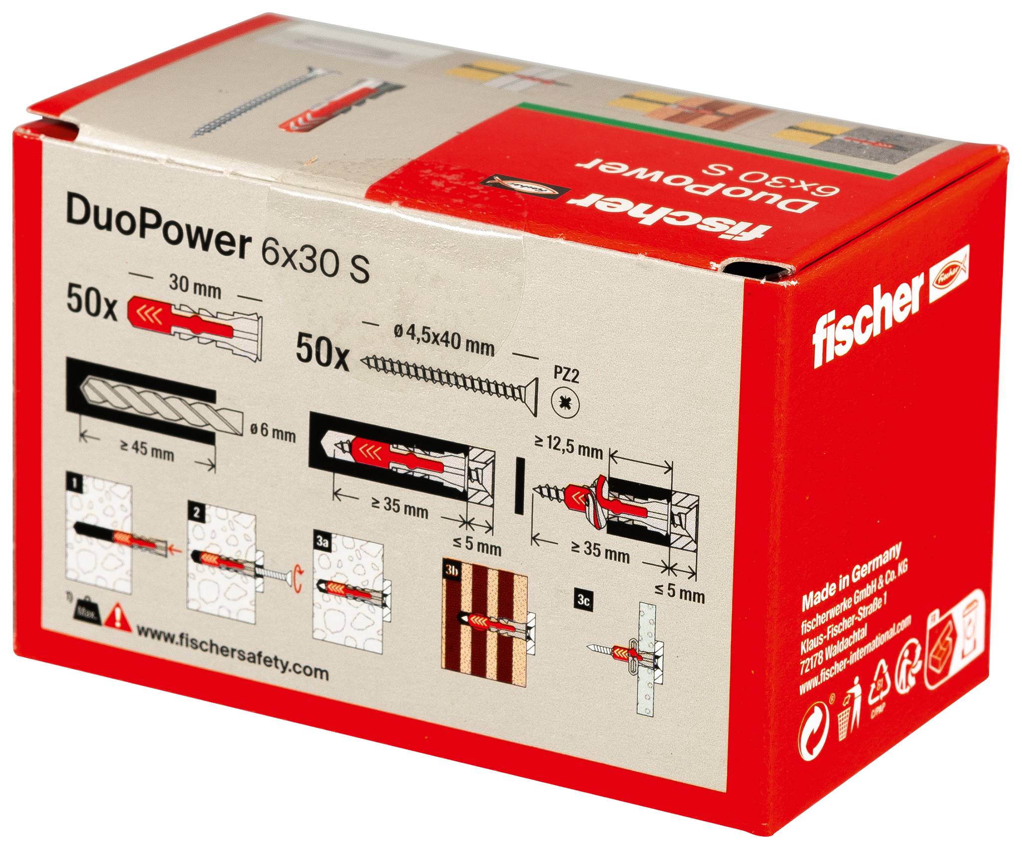 Une boîte de chevilles murales Fischer DuoPower 6x30 S et vis, avec des diagrammes de produits et des marquages de quantité sur l'emballage.