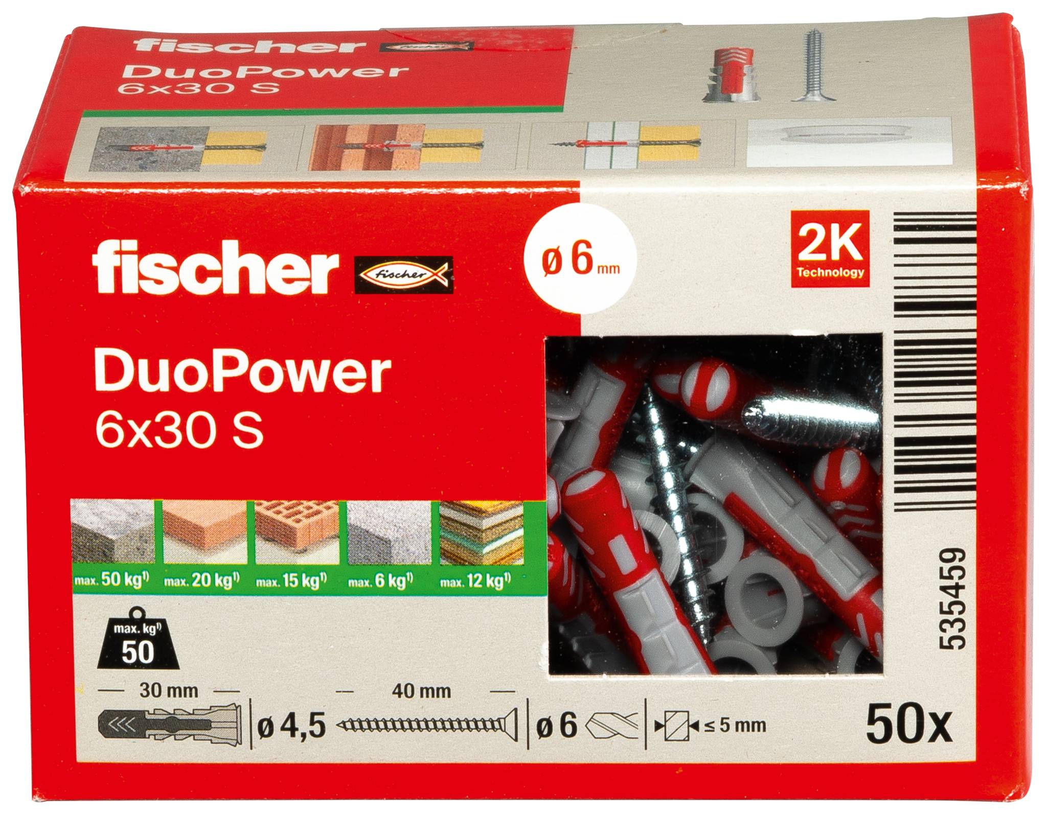 Boîte d'chevilles murales Fischer DuoPower 6x30 S, lot de 50 unités, avec image produit et icônes de capacité de charge.