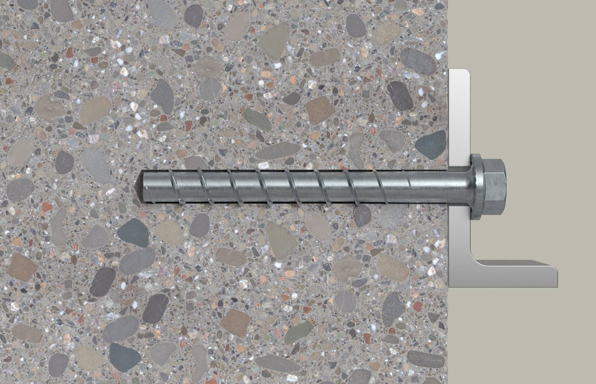 Boulon d'ancrage en métal encastré dans le béton, montré en coupe transversale avec un écrou hexagonal et une rondelle à l'extrémité exposée.