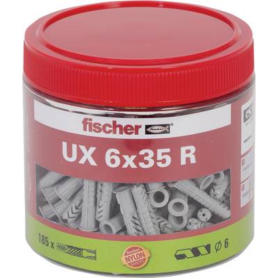 Boîte de chevilles murales en plastique Red Fischer labellisée « UX 6x35 R » avec les marquages « 185 x » et « ø 6 », montrant des chevilles grises à l'intérieur.