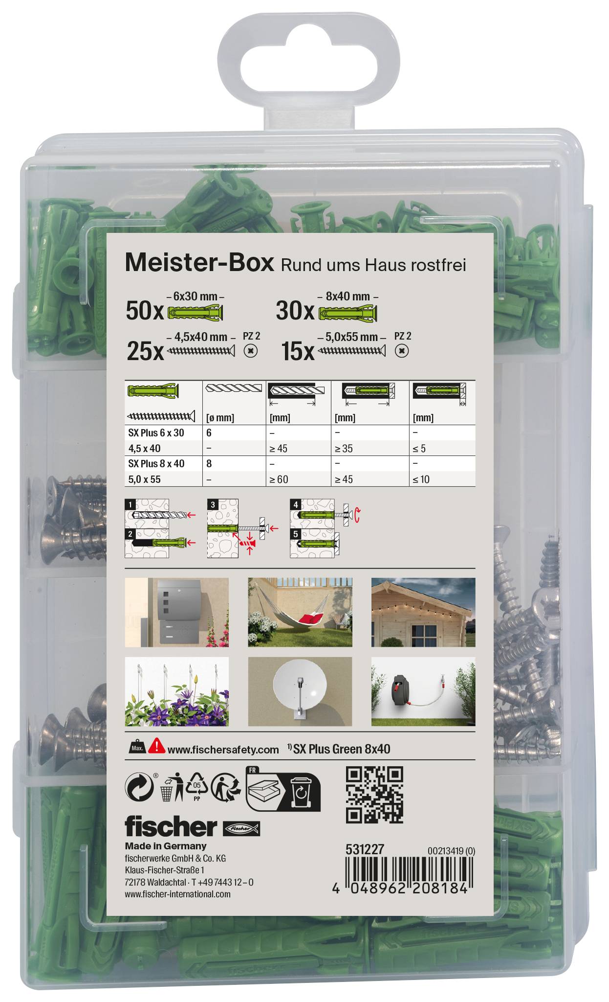 Boîte de rangement en plastique assortie de vis vertes et argentées, étiquetée « Meister-Box Rund ums Haus rostfrei » avec les tailles et les exemples d'utilisation pour les projets de maison.