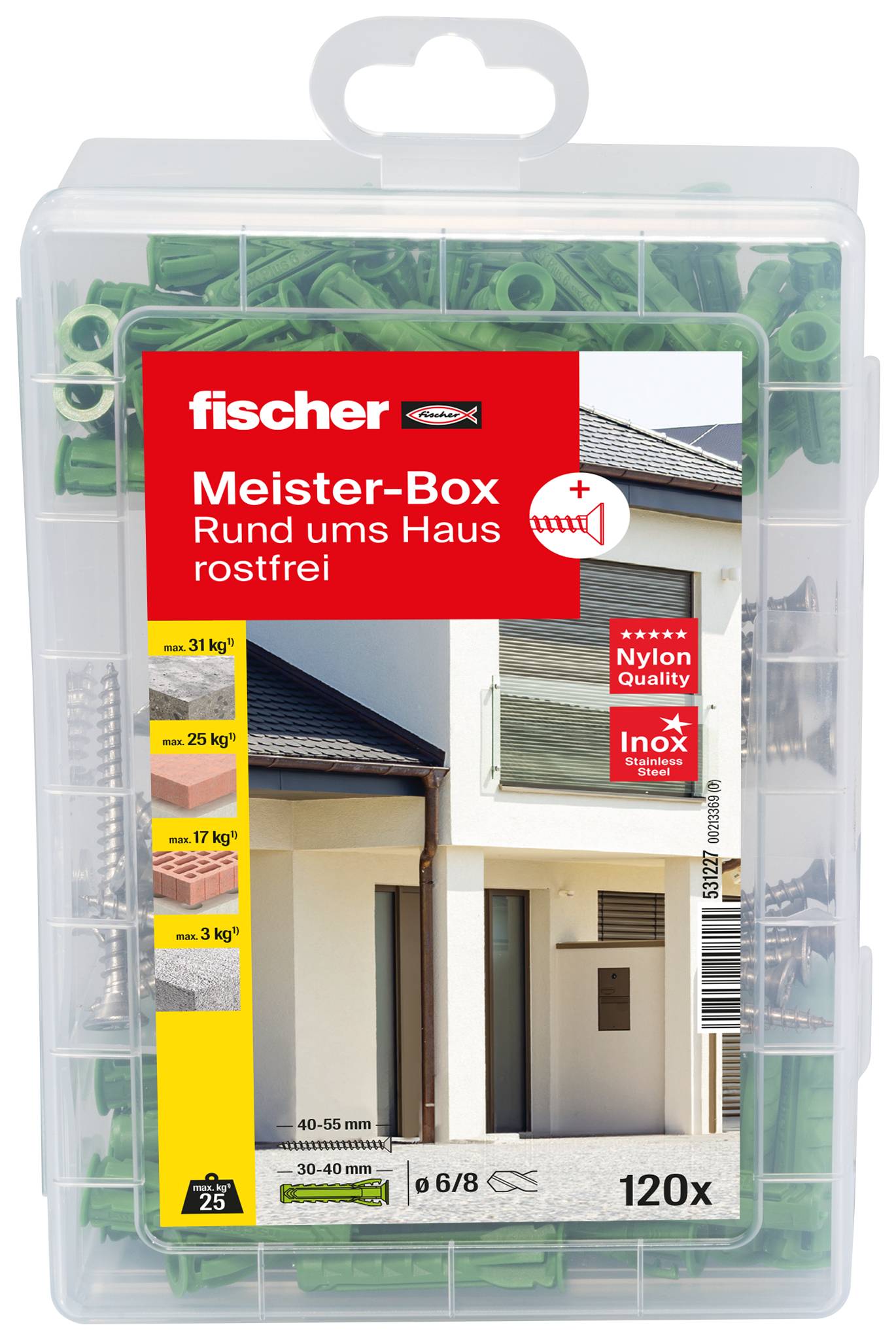 Boîte en plastique transparent de chevilles murales en nylon vert Fischer, étiquetée « Meister-Box Rund ums Haus rostfrei » avec 120 pièces pour usage domestique