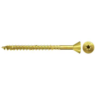 Vis de couleur or avec une pointe acérée pointue, une tige filetée conique, une large tête plate et un évidement d'entraînement de style Torx rond montré à côté sur un fond blanc.