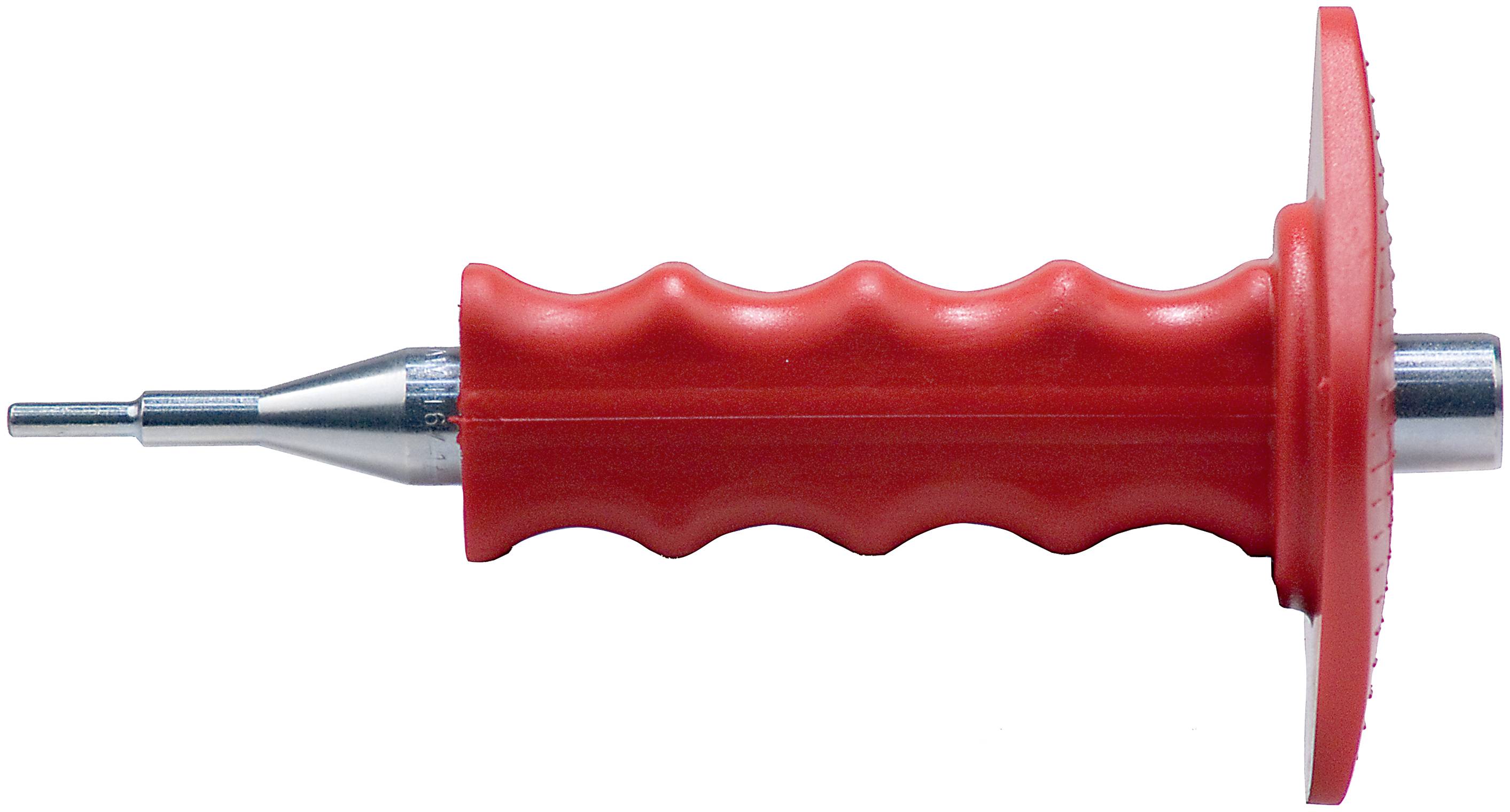 Outil de poinçonnage ou de poinçon en métal avec manche en plastique rouge, montré de profil sur un fond blanc.
