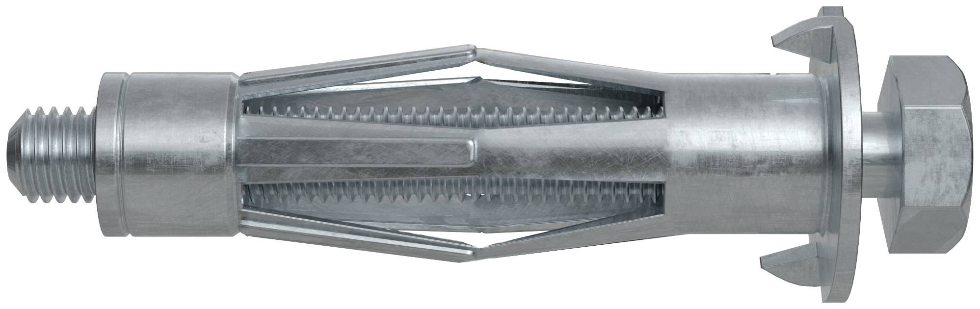 Boulon d'ancrage à expansion métallique avec extrémité filetée et écrou hexagonal, présenté sur fond blanc.