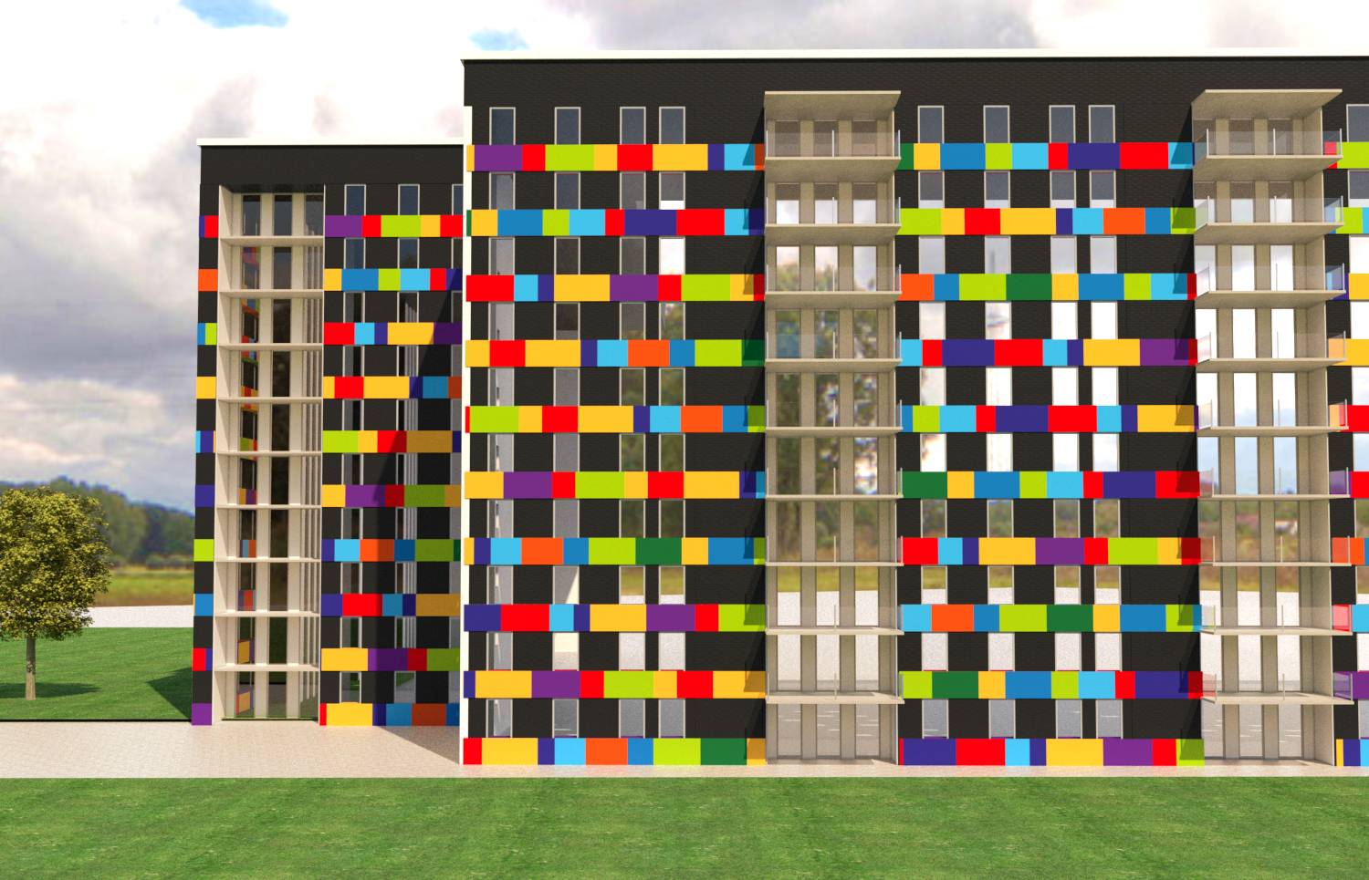 Immeuble d'appartements moderne avec une façade à damier coloré, des sections d'escaliers/d'ascenseurs en verre, et une pelouse verte à l'avant.