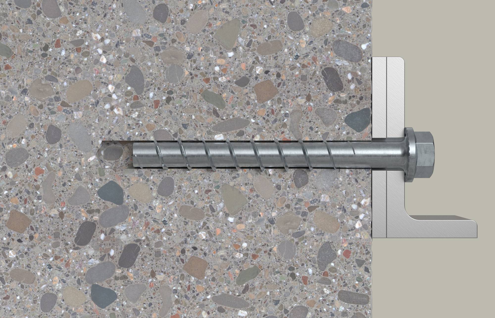 Boulon d'ancrage d'expansion encastré dans le béton, montré en vue de côté avec manchon métallique et écrou hexagonal sur la droite.
