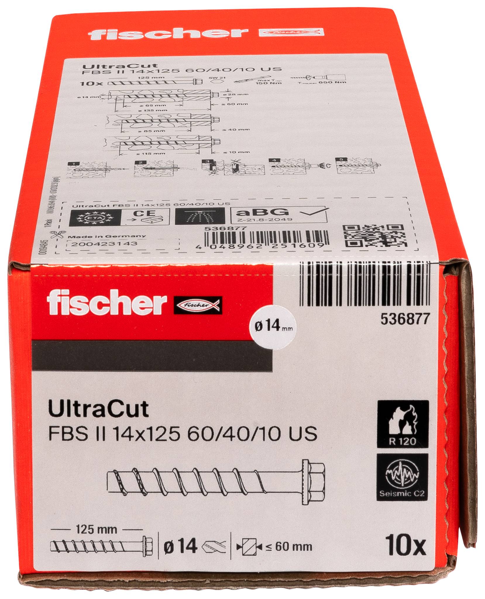 Boîte Red Fischer UltraCut pour 10 chevilles FBS II 14x125, montrant le diagramme du produit, diamètre de 14 mm, longueur de 125 mm, et code-barres.