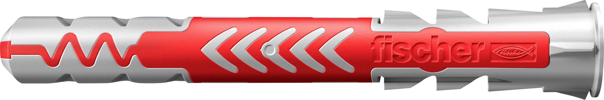 Une cheville murale rouge et grise avec des motifs en chevron et le nom de marque « fischer » en relief sur le côté. Conçue pour une fixation sécurisée dans les murs.