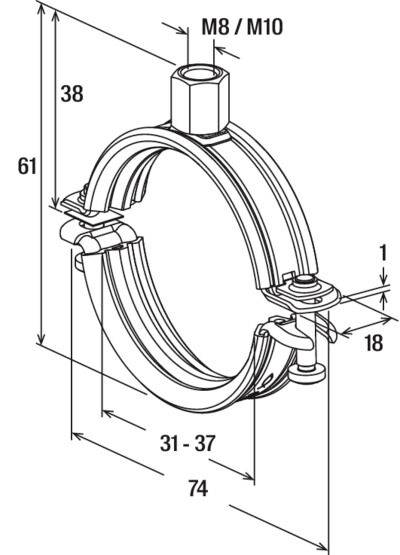 Un schéma technique d'un collier de serrage avec les dimensions étiquetées : largeur 74 mm, hauteur 61 mm, plage de tuyau 31-37 mm, et taille de vis M8/M10.