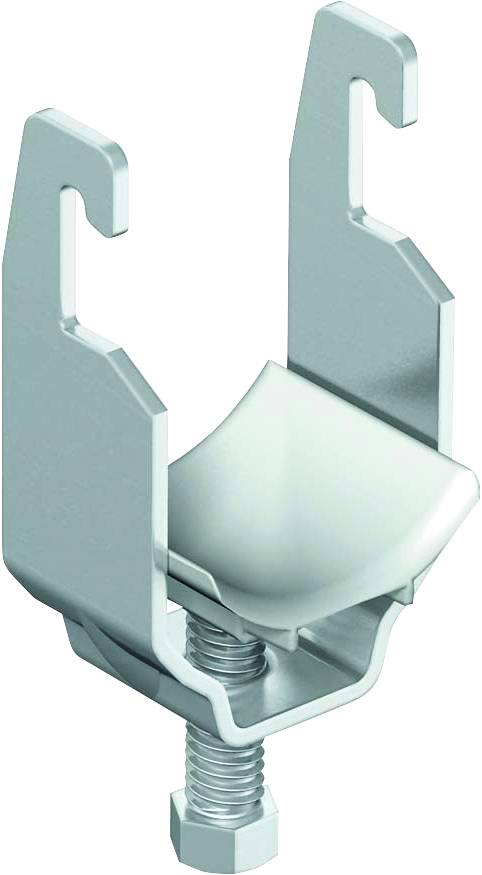 Serre-joint de montage à fourche réglable en métal avec boulon fileté et berceau central rembourré, présenté sur un fond blanc.