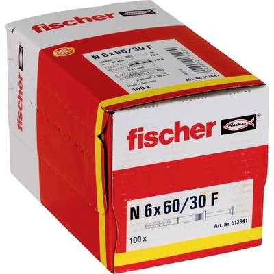 Boîte Fischer rouge et blanche de chevilles murales/ancrages étiquetée « N 6x60/30 F » et « 100x », présentée dans son emballage produit.