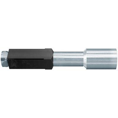 Adaptateur d'outil à douille hexagonale métallique avec une section hexagonale noire et un fût cylindrique argenté, présenté en vue latérale sur un fond blanc.