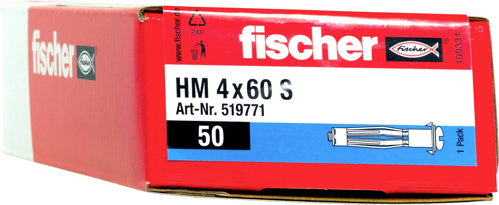 Boîte de produit Red Fischer portant l'étiquette « HM 4x60 S », Numéro d'article 519771, pack de 50 chevilles d'ancrage.