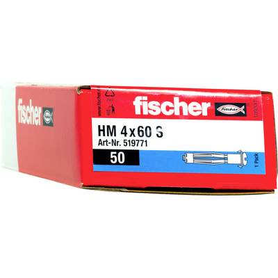 Boîte de produit Red Fischer portant l'étiquette « HM 4x60 S », Numéro d'article 519771, pack de 50 chevilles d'ancrage.
