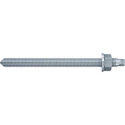 Un fixateur métallique fileté avec un écrou et une extrémité conique, présenté horizontalement sur un fond blanc.