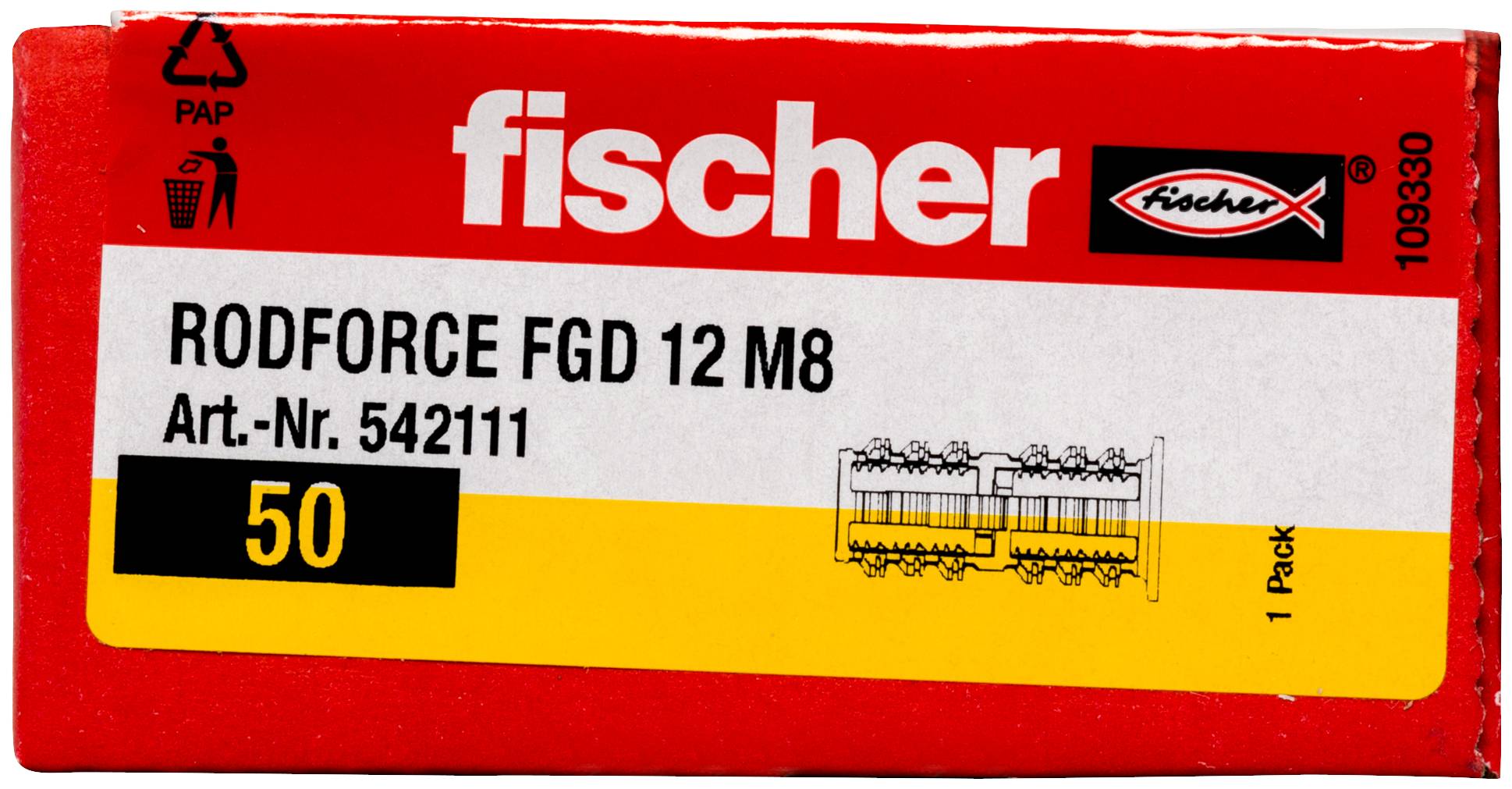 Étiquette d'emballage pour les chevilles Fischer « RODFORCE FGD 12 M8 », indiquant le numéro d'article 542111 et la quantité 50.