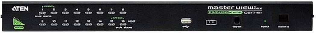 Un appareil ATEN noir avec différentes touches, un port USB et des indicateurs LED pour le contrôle et la gestion des connexions réseau.