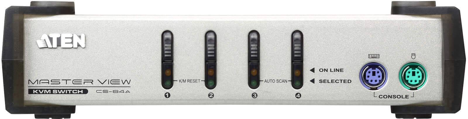 Vue avant d'un commutateur KVM ATEN avec quatre boutons, des voyants LED et deux ports PS/2 permettant de contrôler plusieurs ordinateurs.