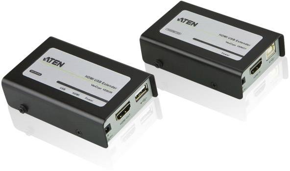 Deux prolongateurs HDMI USB noirs d'ATEN, modèle 1920x1200. À gauche avec des ports USB et HDMI, à droite avec une connexion réseau.