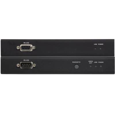 Deux appareils noirs avec des ports RS-232, un bouton de mise en marche du PC, et des voyants pour la sortie vidéo, la connexion et l'alimentation.