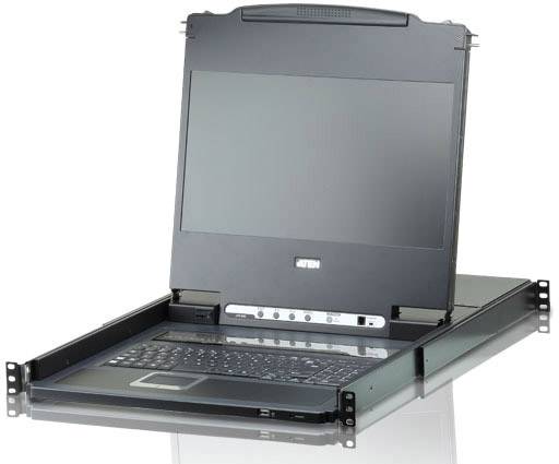 Commutateur KVM portable avec écran coulissant et clavier intégré, adapté pour une utilisation dans des baies serveur.