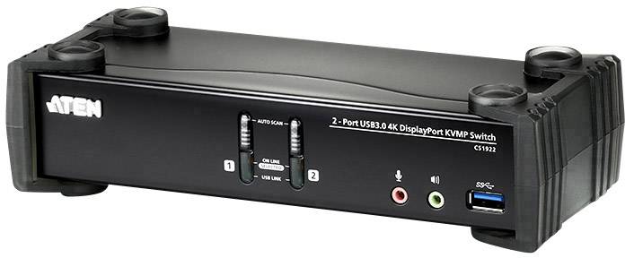 Commutateur KVMP USB 3.0 4K DisplayPort à deux ports avec boutons de sélection de source d'entrée. Comprend des ports pour les périphériques audio et USB.