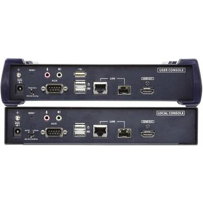 Deux appareils électroniques munis de plusieurs ports tels que USB, LAN, HDMI et AUX. En haut 'CONSOLE UTILISATEUR', en bas 'CONSOLE LOCALE'.