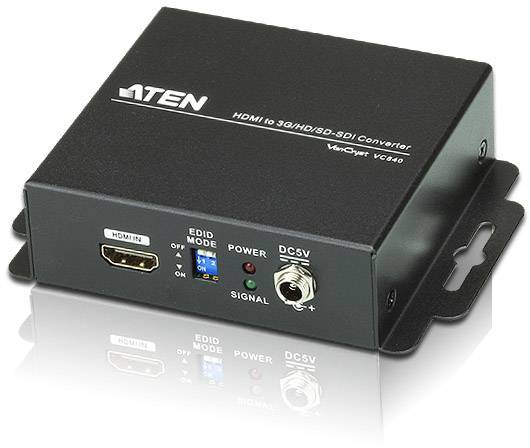 Convertisseur HDMI noir vers SDI 3G/HD/SD avec entrée HDMI, voyants LED pour l'alimentation et le signal, connexion DC 5V sur l'avant.