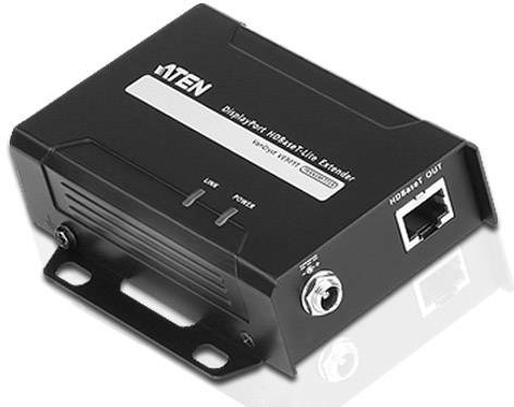 Un prolongateur HDBaseT DisplayPort noir avec connexion réseau et voyant d'alimentation, adapté aux signaux vidéo et audio sur de longues distances.